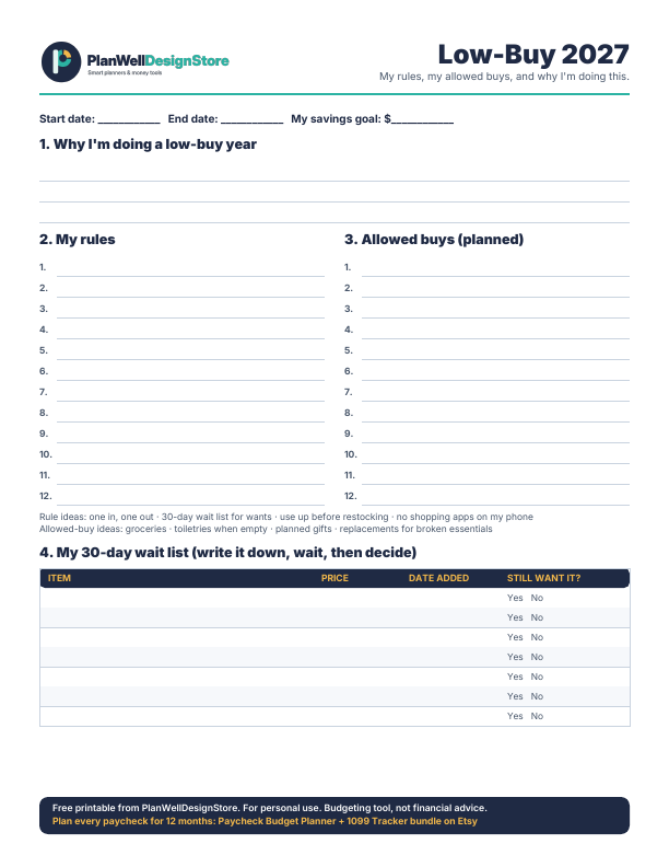 Preview of the free Low-Buy 2027 Tracker printable with rules, allowed buys and a 30-day wait list
