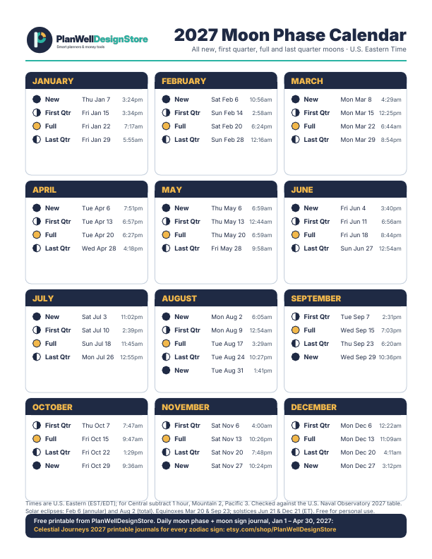 Preview of the free 2027 Moon Phase Calendar printable