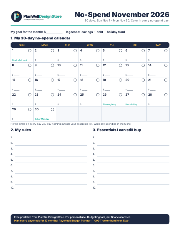 Preview of the free No-Spend November 2026 Tracker printable with a 30-day calendar starting Sunday November 1