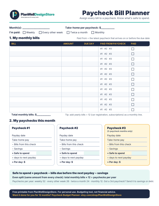 Preview of the free Paycheck Bill Planner printable